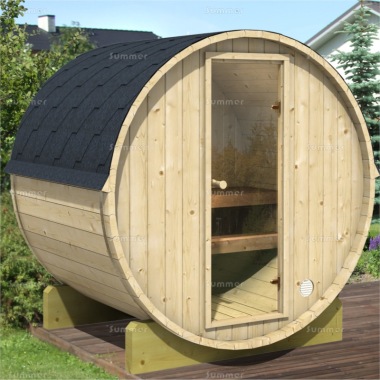 Log Barrel Sauna 959 - Slatted Benches, Felt Tiles