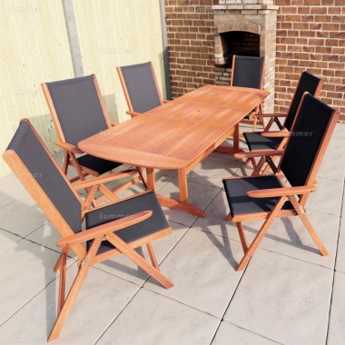6 Seater Hardwood Set 138 - Textilene Reclining Chairs, Extending Table 6 Seater Hardwood Set 138 - Textilene Reclining Chairs, Extending Table