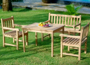 4 Seater Teak Bench Set 182 - 2 Armchairs, Bench, Dining Table 4 Seater Teak Bench Set 182 - 2 Armchairs, Bench, Dining Table