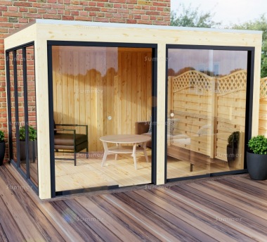 Modern Wooden Gazebo 863 - Pent Roof, Sliding Glass Walls