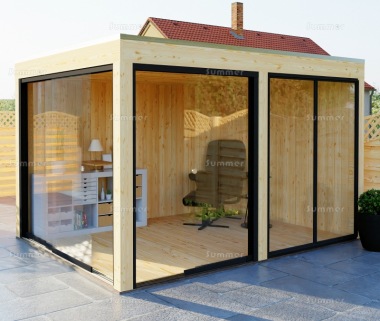 Modern Wooden Gazebo 864 - Pent Roof, Sliding Glass Walls