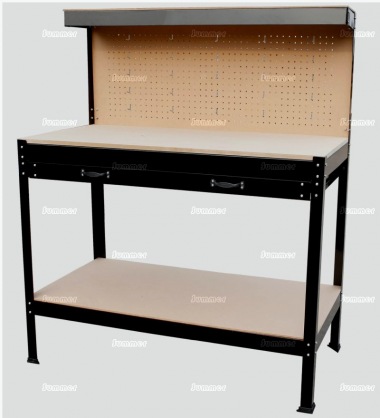 Steel workbench, 4ft wide with drawer, 2 shelves, 25 hooks