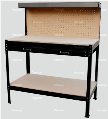 Steel workbench, 4ft wide with drawer, 2 shelves, 25 hooks Steel workbench, 4ft wide with drawer, 2 shelves, 25 hooks